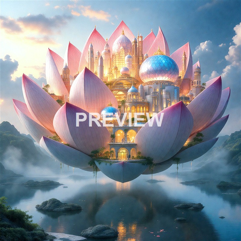 A fantastical, glowing palace with pink petal-like structures and domes, situated on a floating lotus-shaped platform above a calm body of water, surrounded by misty mountains.